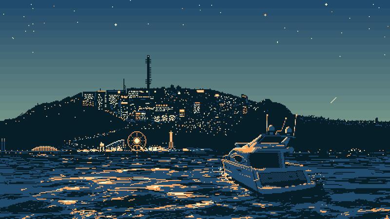 Pixel art Los angeles yacht night cityscape